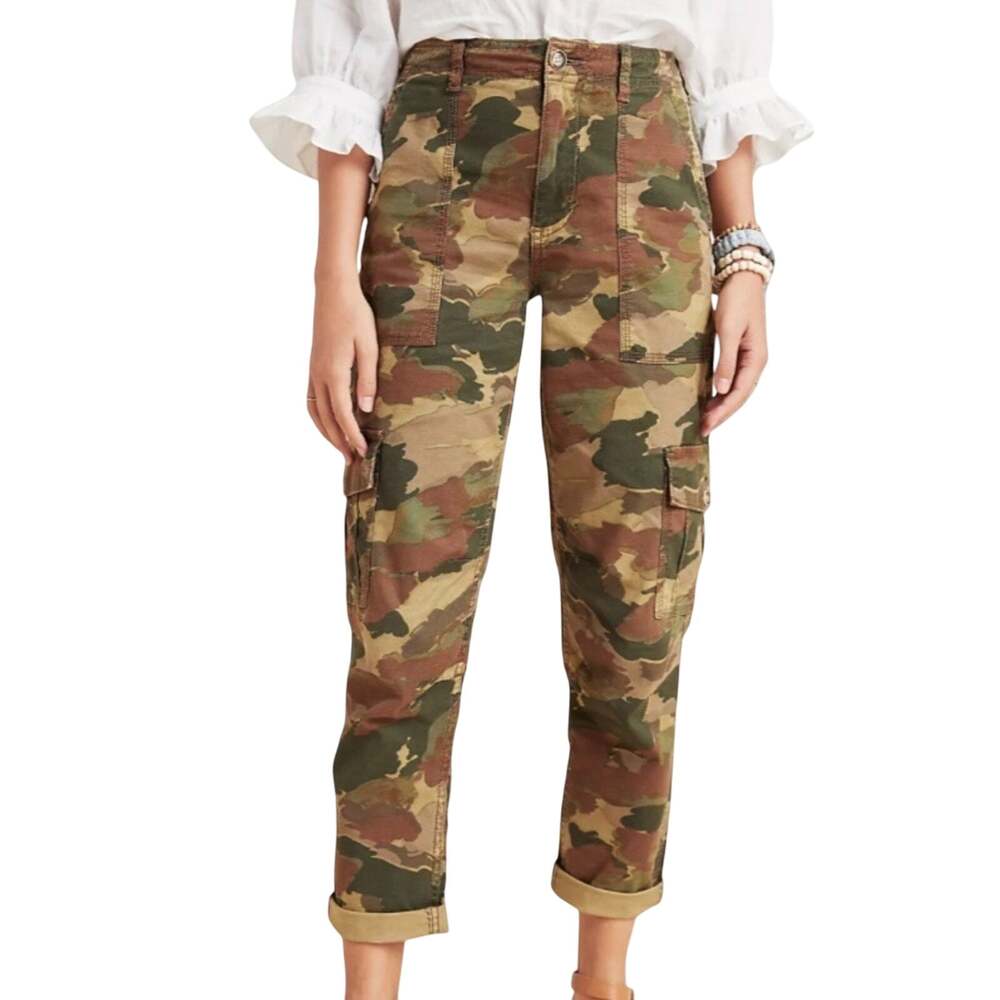 Anthropologie The Wanderer Camo Cargo Pants 27 Linen Cotton Stretch Roll Up Crop